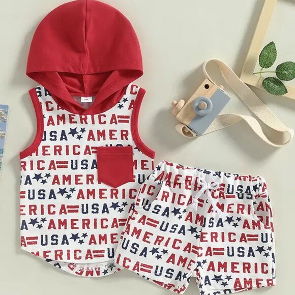 Boy's Patriotic America Print Hooded Tank Outfit - Picture 1 of 5